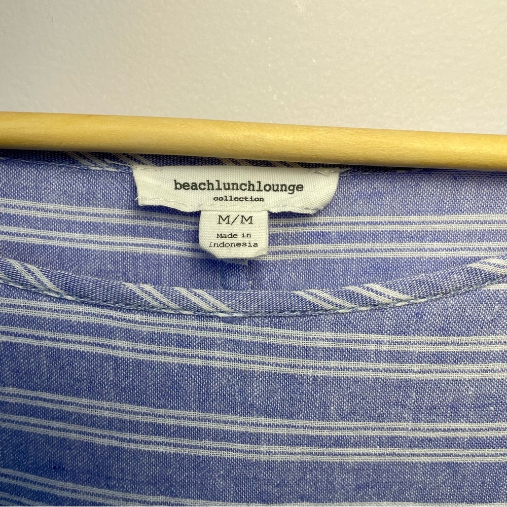 Beachlunch Lounge Blue & White Striped Linen Blend Wide Sleeve Side Tie Blouse - Picture 3 of 11